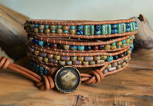 ブレスレット　アクセサリ—　ピカソビーズレザーラップブレスレットロングハンドメイドrustic picasso beaded leather wrap bracelet 28252925 long handmade yevga