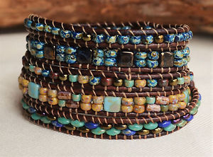 ブレスレット　アクセサリ—　ピカソビーズブレスレットファッションラップrustic picasso five wrap beaded lether bracelet fashion jewelry by yevga