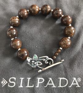 ブレスレット　アクセサリ—　ブラウンボールビーズスターリングシルバーフラワートグルブレスレットsilpada brown bronzite ball bead sterling silver flower toggle bracelet b1365