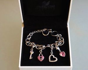 ブレスレット　アクセサリ—　スワロフスキークリアピンクチェーンブレスレットボックス100 authentic swarovski clear pink rhinestones silvertone chain bracelet wbox
