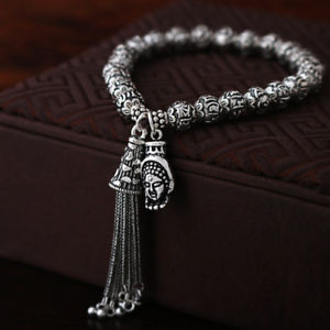 【送料無料】ブレスレット　アクセサリ—　スターリングシルバーハムビーズタッセルブレスレット925 sterling silver om mani padme hum beads buddha hand tassel bracelet a2908