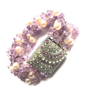 【送料無料】ブレスレット　アクセサリ—　アールデコアメジストパールクリスタルラインストーンシルバ..