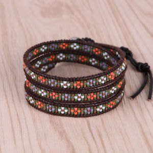 ブレスレット　アクセサリ—　レザーラップブレスレットファッションカフボヘミアシードビーズbohemia seed bead on leather 3 wrap bracelet fashion women charm jewelry cuff