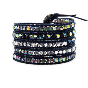 【送料無料】ブレスレット アクセサリ— レザーブレスレットファッションカットラップfashion cut ab crystal 5 wrap on leather bracelet handmade natural jewelry