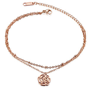 【送料無料】ブレスレット　アクセサリ—　ステンレスローズツバキアンクレットチェーンstainless steel rose gold tone doublelayer camellia anklet ankle chain bracelet