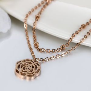 【送料無料】ブレスレット　アクセサリ—　ステンレスローズツバキアンクレットチェーンstainless steel rose gold tone doublelayer camellia anklet ankle chain bracelet