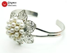 【送料無料】ブレスレット　アクセサリ—　シルバープレートカフブレスレットオープンジュエリーブラwhite rice natural pearl flower silver plate open cuff bracelet jewelry bra438