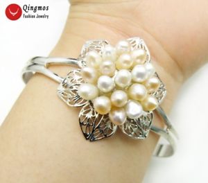 【送料無料】ブレスレット　アクセサリ—　ホワイトピンクコメシルバープレートカフブレスレットwhite amp; pink rice natural pearl flower silver plate open cuff bracelet jewelry