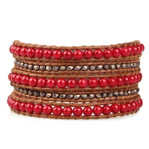 【送料無料】ブレスレット アクセサリ— ビーズラップブレスレットハンドメイドカフレザーチェーンred coral beads 5 wrap brac...