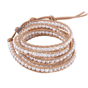 ブレスレット　アクセサリ—　ハンドメイドラップブレスレットパールビーズブレスレットファッションジュエリーhandmade 5 wrap bracelet pearl beaded bracelet genuine leather fashion jewelry