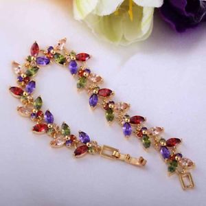 【送料無料】ブレスレット　アクセサリ—　モザイクkイエローゴールドブレスレットflowers mosaic marquise cut multicolorstone 18k yellow gold filled gems bracelet