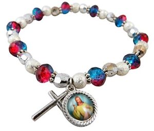 ブレスレット　アクセサリ—　アクリルロザリオブレスレットconfirmation red and blue acrylic bead rosary bracelet with divine mercy charm