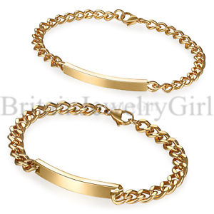 【送料無料】ブレスレット アクセサリ— カップルゴールドステンレススチールチェーンリンクブレスレットhis and hers couple polished gold stainless steel curb chain id link bracelet