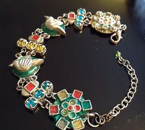 【送料無料】ブレスレット　アクセサリ—　ビンテージメタルシルバートーンエナメルパネルエナメルライ..