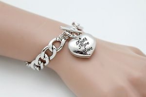 楽天hokushin【送料無料】ブレスレット　アクセサリ—　チェーンブレスレットcute women silver metal chain bracelet jewelry faith hope love bless heart charm