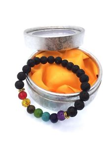 【送料無料】ブレスレット アクセサリ— チャクラヒーリングシルバーボックスストーン7 chakra healing natural lava sto...