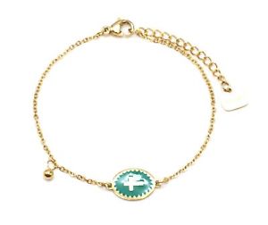 yzuXbg@ANZT?@GiNX`[t`F[uXbgS[fX`[bc3091ffine chain bracelet golden steel with green oval enamel cross motif