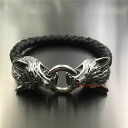 【送料無料】ブレスレット アクセサリ- ステンレスウルフヘッドゴシックカフスmens genuine leather stainless steel wolf head clasp bracelet gothic biker cuff