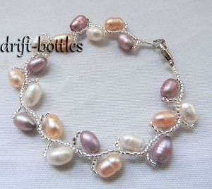 【送料無料】ブレスレット　アクセサリ—　ホワイトラベンダーピンクライスパールブレスレット77 6mm white lavender pink rice freshwater pearl bracelet