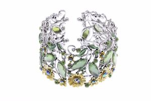 ブレスレット　アクセサリ—　レディースシルバーカフブラチwomens silver tone light green rhinestones floral golden flowers caged cuff brac