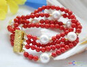 【送料無料】ブレスレット アクセサリ— s1685 4row 8 6mmアカサンゴシェル12mms1685 4row 8 6mm red coral bead 12mm round white shell pearl bracelet(4)