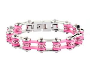 【送料無料】ブレスレット　アクセサリ—　ピンクオートバイステンレススチールピンクバイクチェーンブレスレットladies pink motorcycle stainless steel pink crystals bike chain bracelet