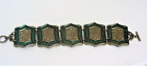 【送料無料】ブレスレット　アクセサリ—　シルバーグリーンメタリックパネルブレスレットリンクパネル..