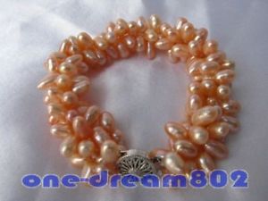 【送料無料】ブレスレット　アクセサリ—　コメピンクブレスレット3row8 5x10mm rice pink freshwater pearl bracelet