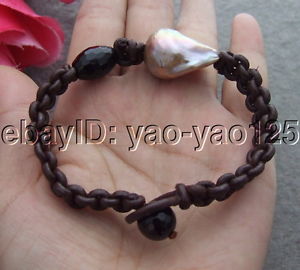 【送料無料】ブレスレット アクセサリ— パールブラウンレザーブレスレット20mm purple keshi pearl brown leather bracelet