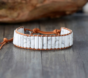 【送料無料】ブレスレット　アクセサリ—　ユニークチューブhowliteunique tube shape natural howlite leather wrap bracelets handmade bracelet