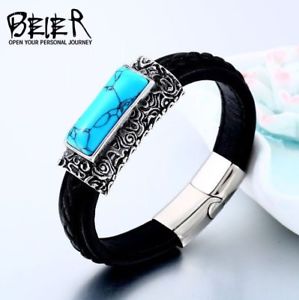 【送料無料】ブレスレット　アクセサリ—　パーソナライズチタンビッグターコイズブレスレットcoolpunk personalized leather weaving titanium steel big turquoise bracelet