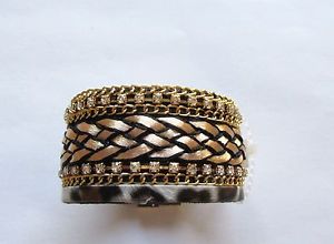 ブレスレット　アクセサリ—　ブレスレットヒョウゴールドデザインワイドbracelet leopard print gold braided design rhinestones wide magnetic