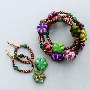 【送料無料】イタリアン　ブレスレット　カフイヤリングブロンズターコイズbracciale e orecchini cristalli bronzo e fiori turchese