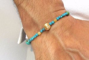 【送料無料】メンズブレスレット　14kイェローゴールドトルコ14k solid yellow gold bead blue turquoise bracelet natural gemstone genuine men