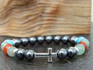 【送料無料】メンズブレスレット　マルチカラービーズクロスブレスレットヒップホップmen multicolor natural gemstones beaded cross bracelet hip hopgift