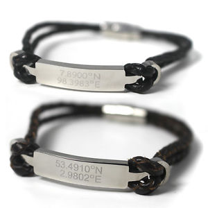 yzYuXbg@YfB[XU[X`[p[\iCYuXbgmensladies leather steel bracelet with personalised engraved coordinates