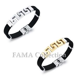 【送料無料】メンズブレスレット　ステンレスfamaゴムブレスレットギリシャキーfama rubber bracelet with stainless steel cut out greek key select colour