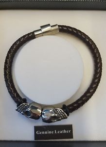 メンズブレスレット　mensブラウンequilibrium mens brown leather bracelet skulls