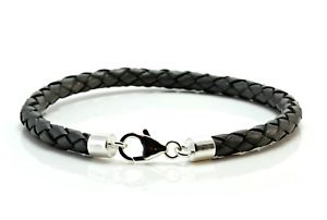 【送料無料】メンズブレスレット　メンズレディースレザースターリングシルバーmensladies 5mm braided leather and sterling silver braceletgrey