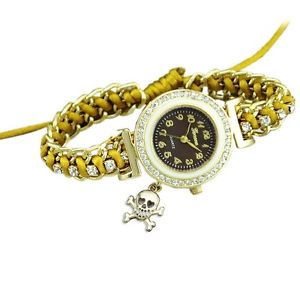 【送料無料】腕時計　マスタードイエロークリスタルレディースクリスマスハロウィンmustard yellow crystal ladies wrist watch halloween skull bones xmas gift cute