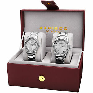【送料無料】腕時計 シルバートーンクリスタルアクセントスチール his amp; hers akribos xxiv ak888ss silvertone crystal accented steel watch set