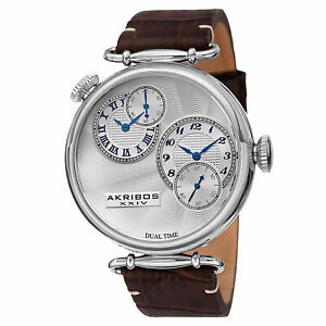 【送料無料】腕時計 クォーツデュアルタイムブラウンレザーストラップウォッチ mens akribos xxiv ak796ssbr quartz dual time brown leather strap watch