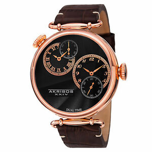 【送料無料】腕時計 クォーツデュアルタイムブラウンレザーストラップウォッチ mens akribos xxiv ak796rg quartz dual time brown leather strap watch