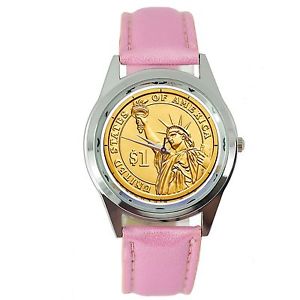【送料無料】腕時計　アメリカリバティードルスチールラウンドポイズンピンクusa gold state of liberty dollar coin legend steel pink leather round gift watch