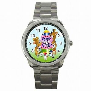 【送料無料】腕時計 イースターバニーアクセサリステンレススチールウォッチeaster bunnies painting eggs holiday accessory stainless steel watch