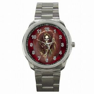 【送料無料】腕時計　スケルトンハロウィーンステンレススチールウォッチgrim reaper skeleton halloween red stainless steel watch