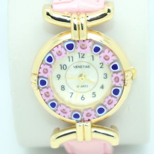 【送料無料】腕時計　ムラーノヴェネツィアガラスピンクストラップゴールドトリムウォッチmurano glass quartz watch from venice with millefiori and pink strap gold trim
