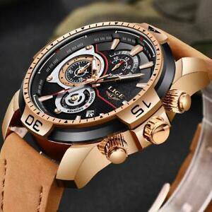 【送料無料】腕時計 カジュアルスポーツゴールドクォーツlige mens luxury casual leather sport waterproof gold quartz watch