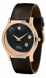 腕時計　パリノワールマロンブレスレットスワロフスキーエレメントmoog paris montre femme avec cadran noir, elments swarovski, bracelet marron