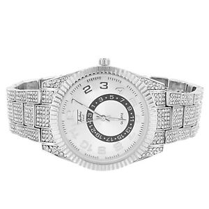 【送料無料】腕時計　メンズクラシックベゼルシルバーストーンマイクロアイスカスタムmens fluted bezel classic silver tone micro pave iced out rapper custom watch